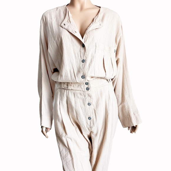 AC Gauze Jumpsuit Beige Cotton Crinkled Button Front Romper Size L Vintage 90s - Picture 3 of 8